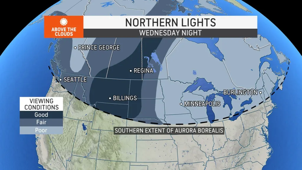 Great northern lights with vibrant hues: The states with the highest likelihood of witnessing the Aurora Borealis tonight, split down by US locations, are shown on this week’s map…