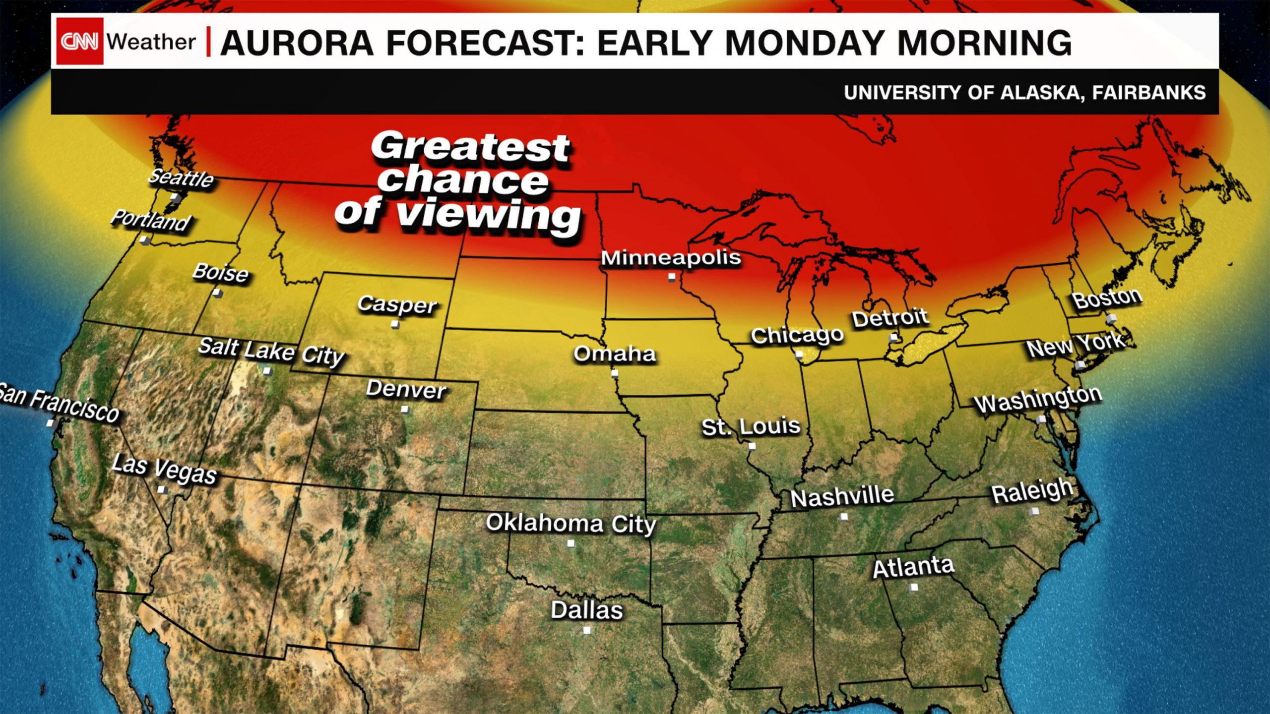 Future Chances to See the Northern Lights: The map this week shows where the Northern Lights can be seen in the United States.