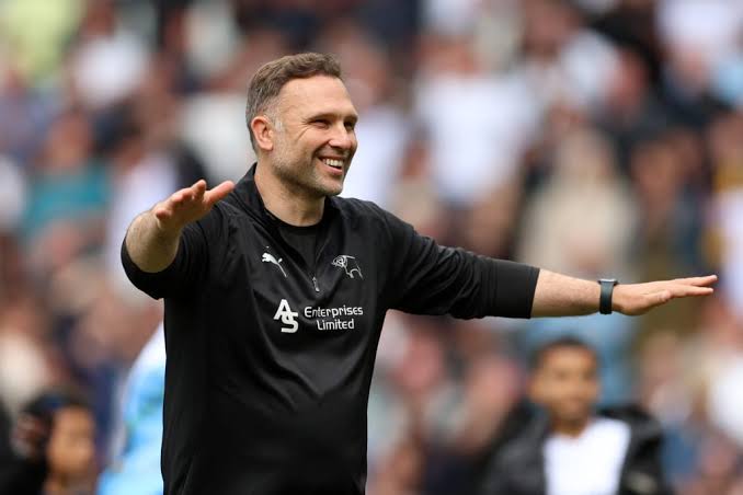 Derby County coach John Eustace reacts to Patrick Agyemang performance following Rams 4-2 win against National League side Solihull Moors